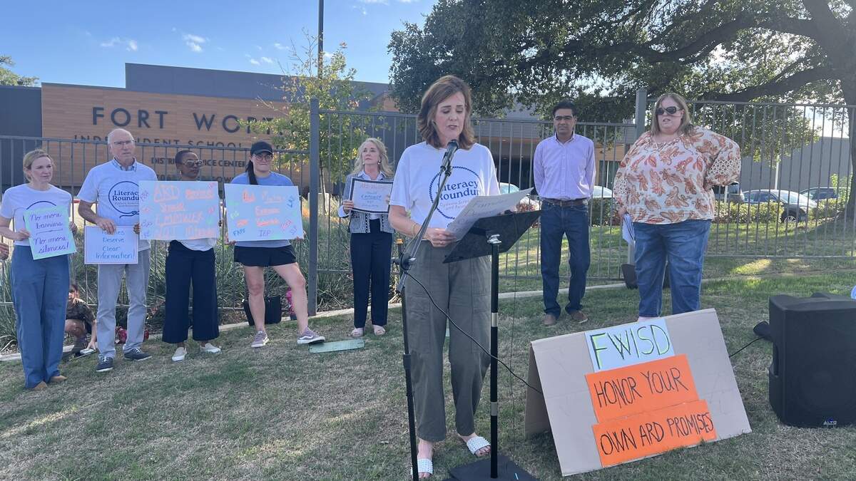 Caroline James, executive director of nonprofit Literacy Fort Worth, speaks during a press conference outside the Fort Worth ISD administration building on Tuesday, Oct. 13, 2026. James, alongside parents and advocates, said the school district has failed to efficiently and properly provide special education services to students. Caroline James, executive director of nonprofit Literacy Fort Worth, speaks during a press conference outside the Fort Worth ISD administration building on Tuesday, Oct. 13, 2026. James, alongside parents and advocates, said the school district has failed to efficiently and properly provide special education services to students.